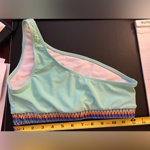 SWIMSUIT UNBRANDED MINT GREEN WITH MULTI COLORED HORIZONTAL COLORS AT WAIST MED - Picture 8 of 8